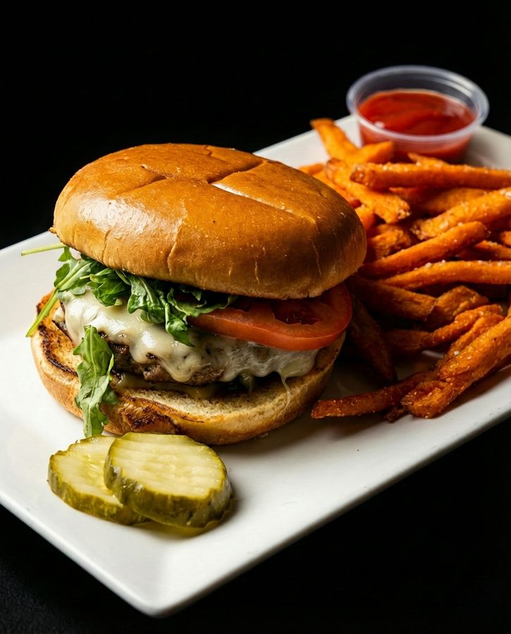 Burger with sweet potato fries