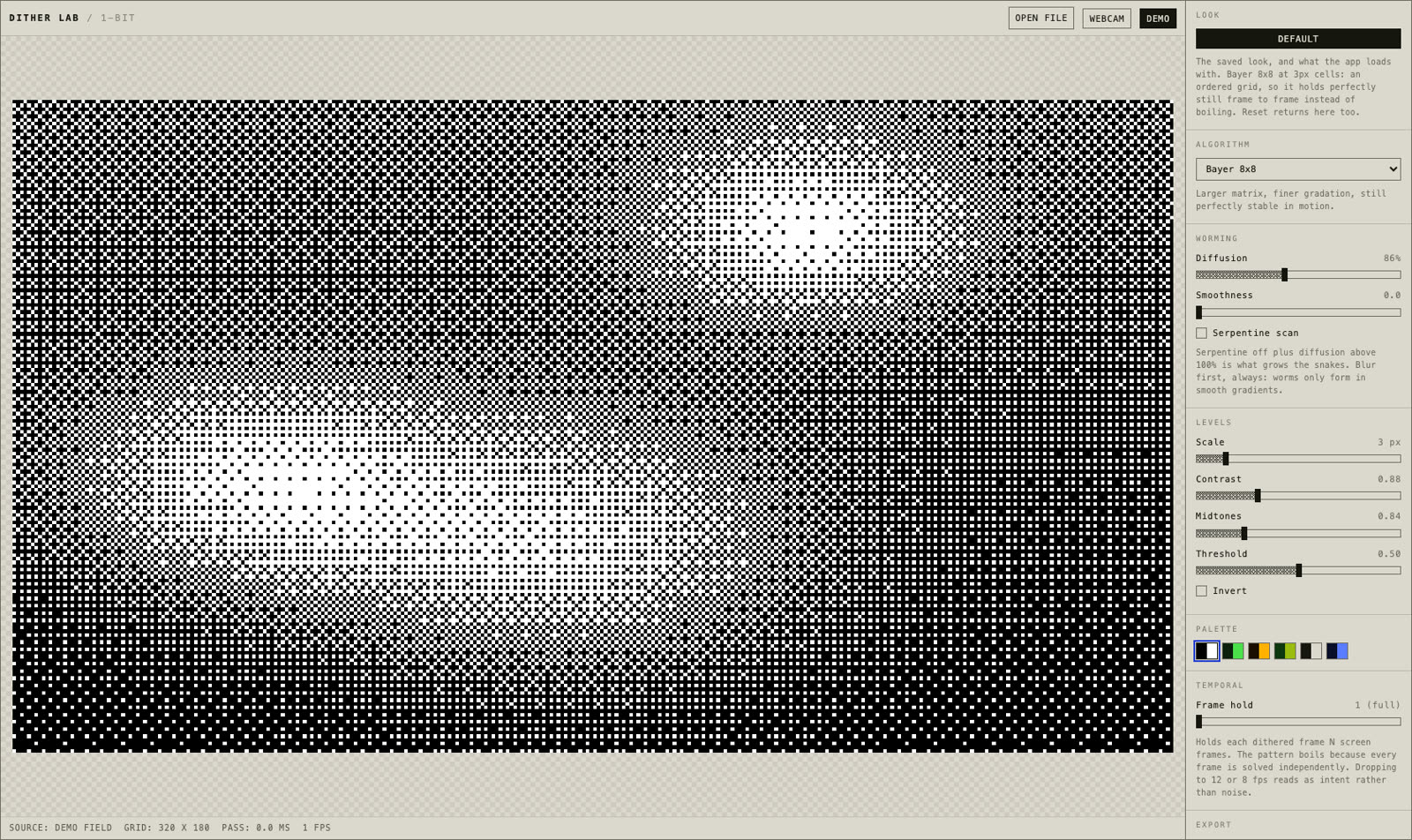 The dither-lab tool: live dither preview with algorithm picker and sliders for diffusion, scale, contrast, midtones, threshold, palette, and frame hold