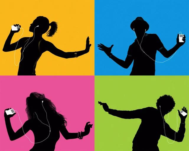 Apple iPod silhouette ads: dancing black silhouettes on flat neon panels