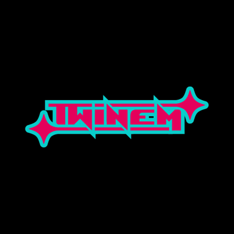 TWINEM's Y2K wordmark: pink letters, teal outline, sparkle stars on black